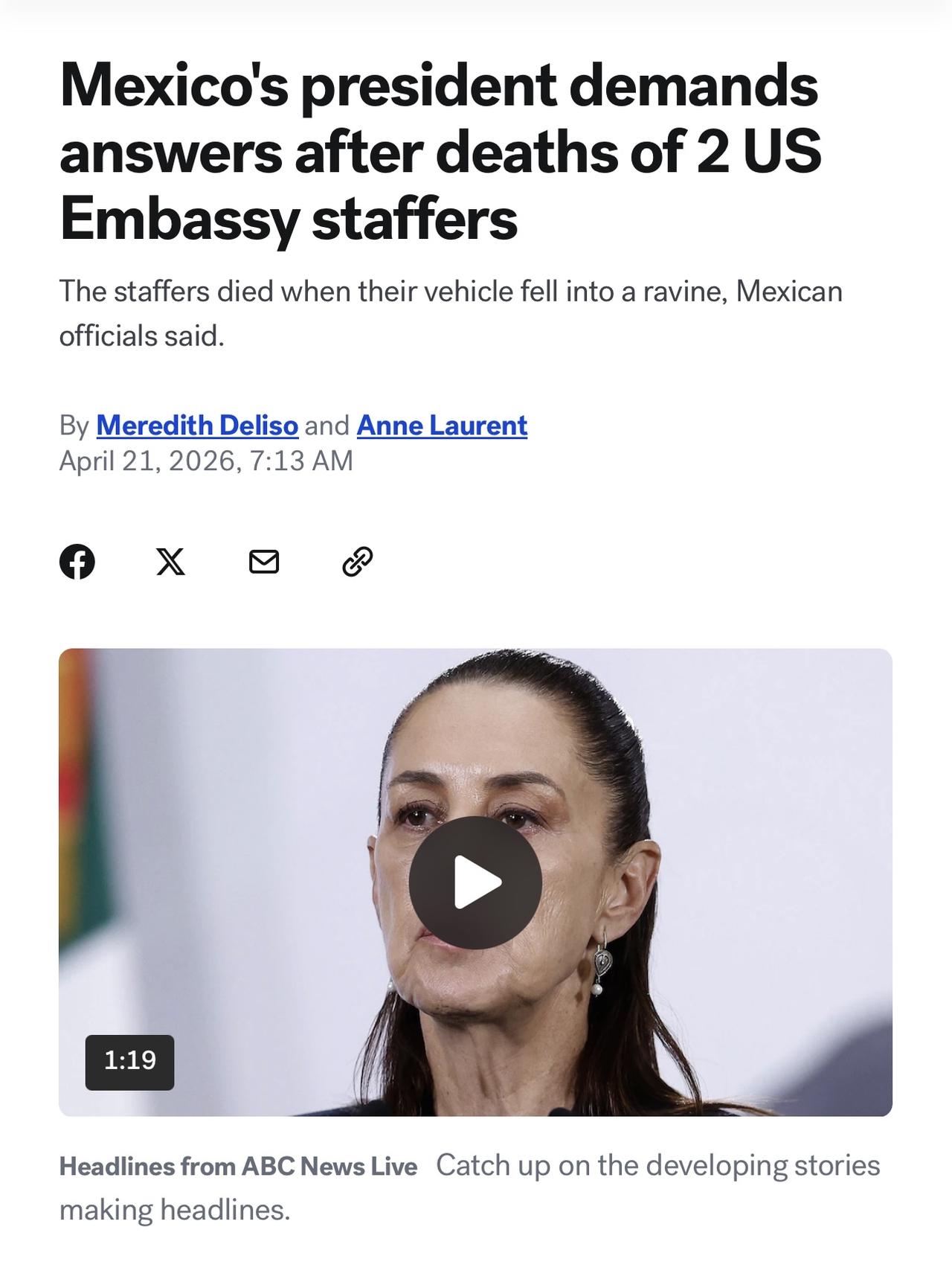 墨西哥总统克劳迪娅·辛鲍姆周一表示，包括两名美国大使馆工作人员在内的四人在从针对