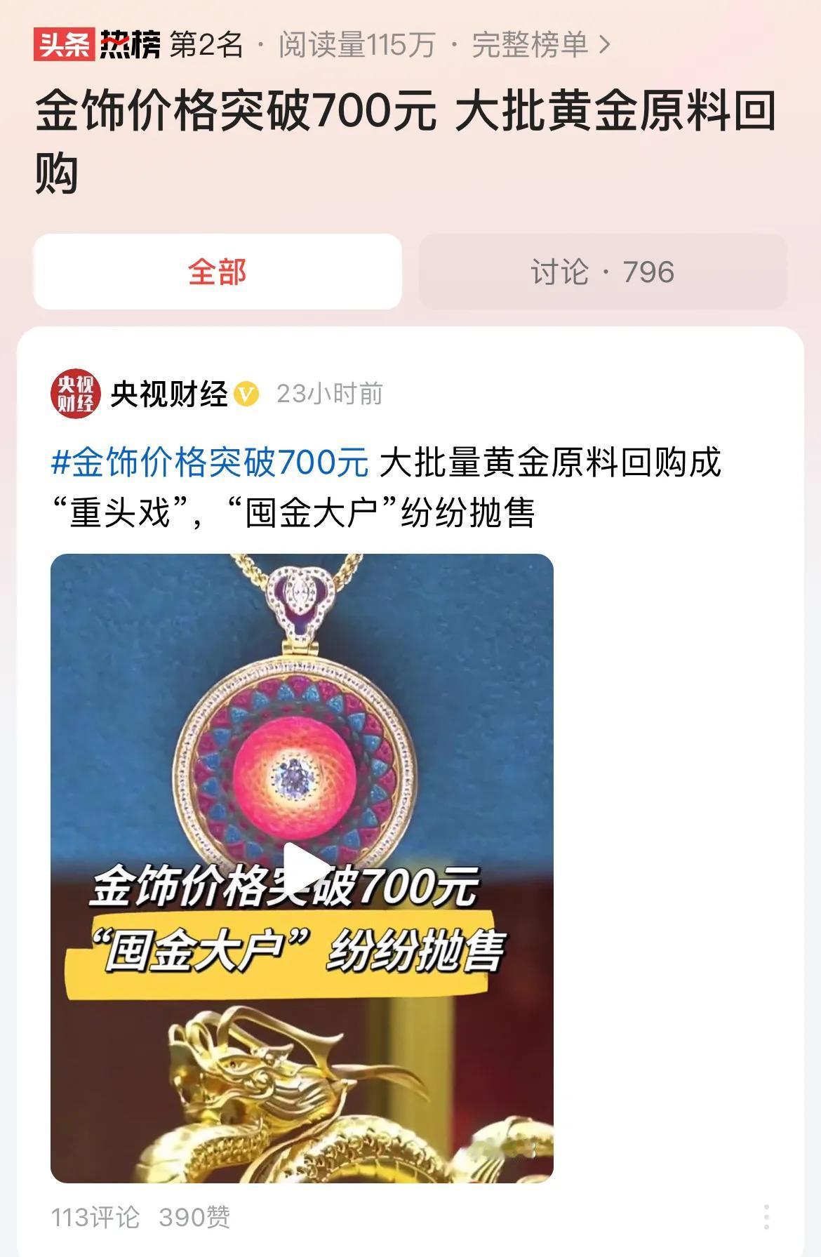 #金饰价格突破700元 大批黄金原料回购#从2015年底开始，黄金牛市已经走了八