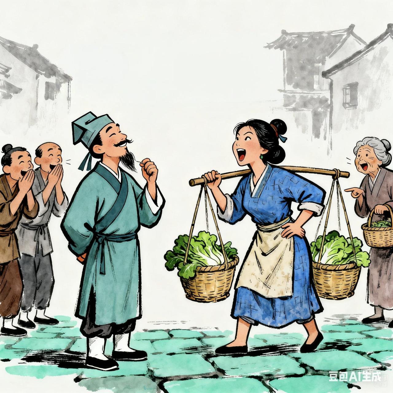 古代笑话

秀才路遇挑着菜筐的寡妇，见她利落能干，便想逗弄。

秀才吟：“一肩青