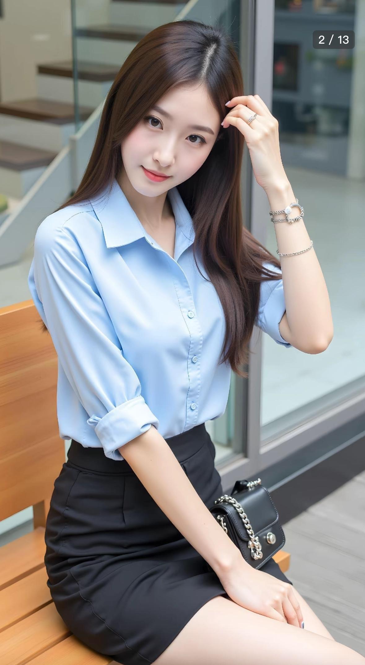 优雅职场风，浅蓝衬衫搭配黑色短裙，简约大方，尽显女性魅力！