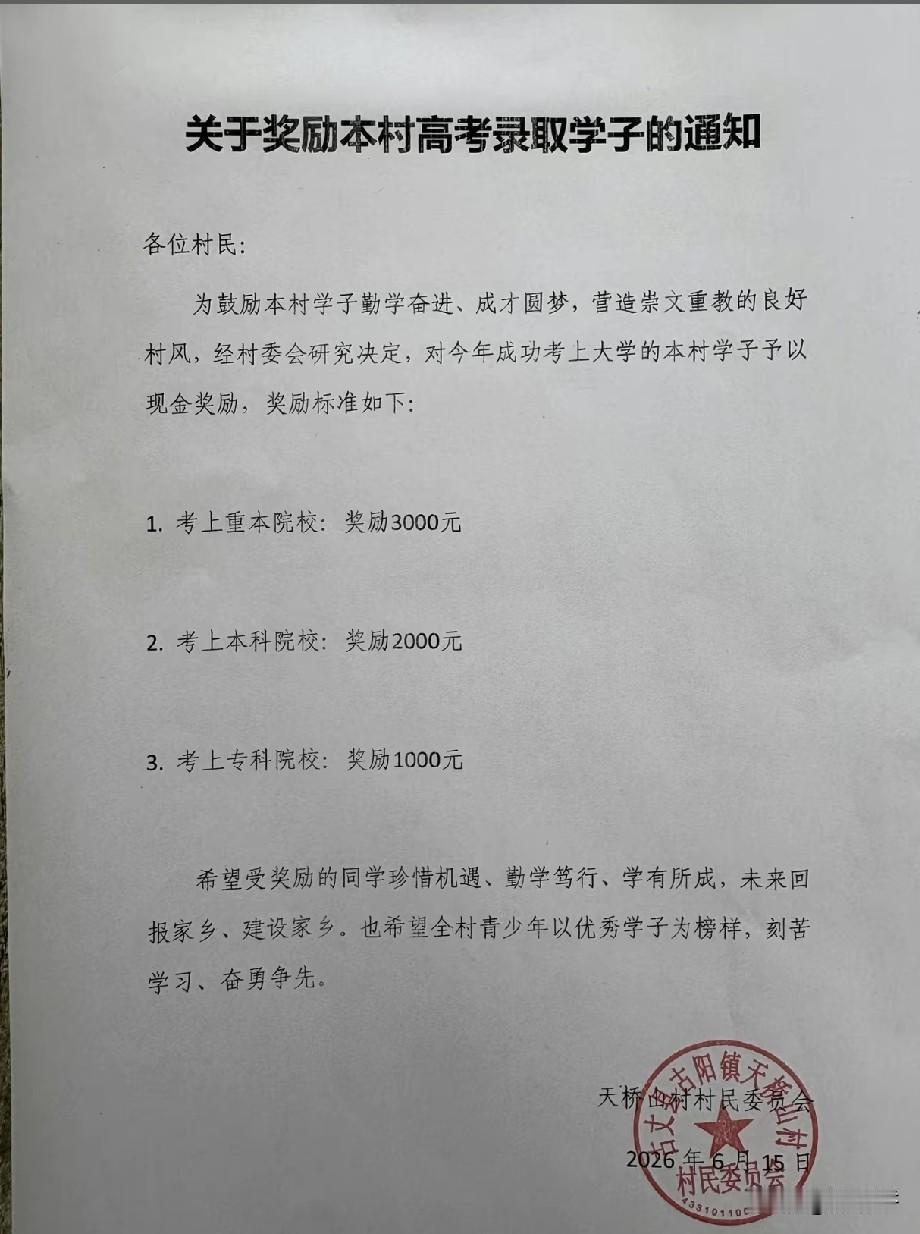 我们村的关于奖励本村高考录取学子的通知！