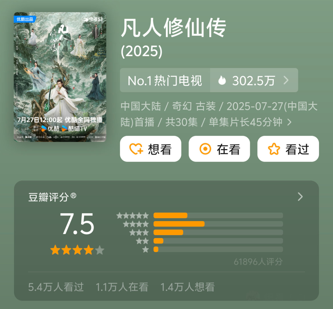 杨洋《凡人修仙传》豆瓣开分7.5！ ​​​