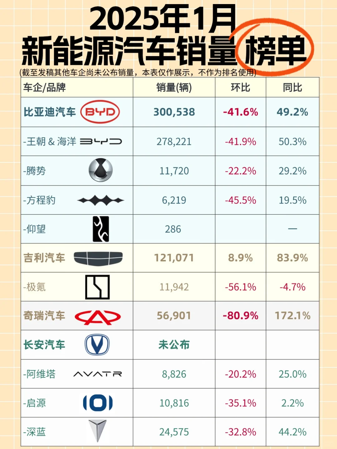 2025年1月新能源汽车销量最全榜单＋分析❗
