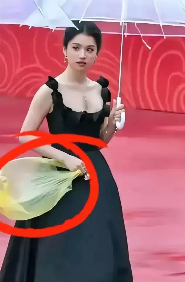 不拿名包，上红毯只拿塑料袋，看出张婧仪的特殊爱好，估计平时爱买菜做饭，普通人拿塑