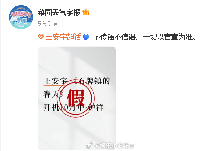 王安宇方否认出演石牌镇的春天 “不传谣不信谣，一切以官宣为准。 ​​​” ​​​