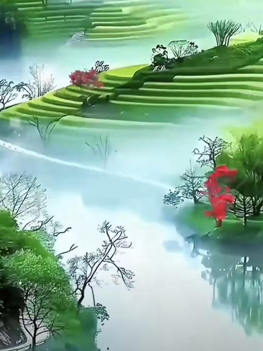 塞鸿秋·春景
丘陵卷就烟霞漫，
山光凝黛遥天畔。
翠铺河川青无限，
田塍绕岭萦回