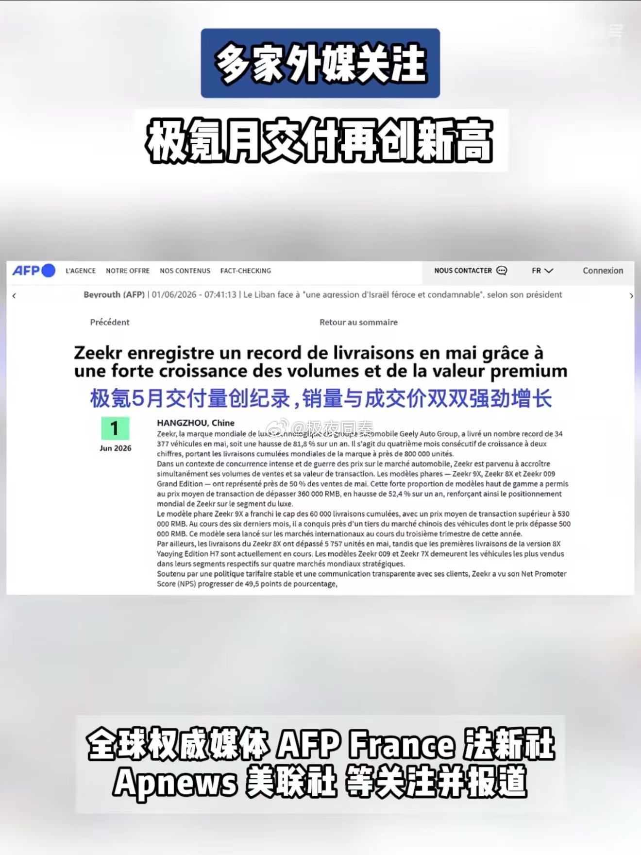 持续领跑市场，极氪月度交付再创新高。多家海外媒体深度关注，品牌全球知名度稳步提升