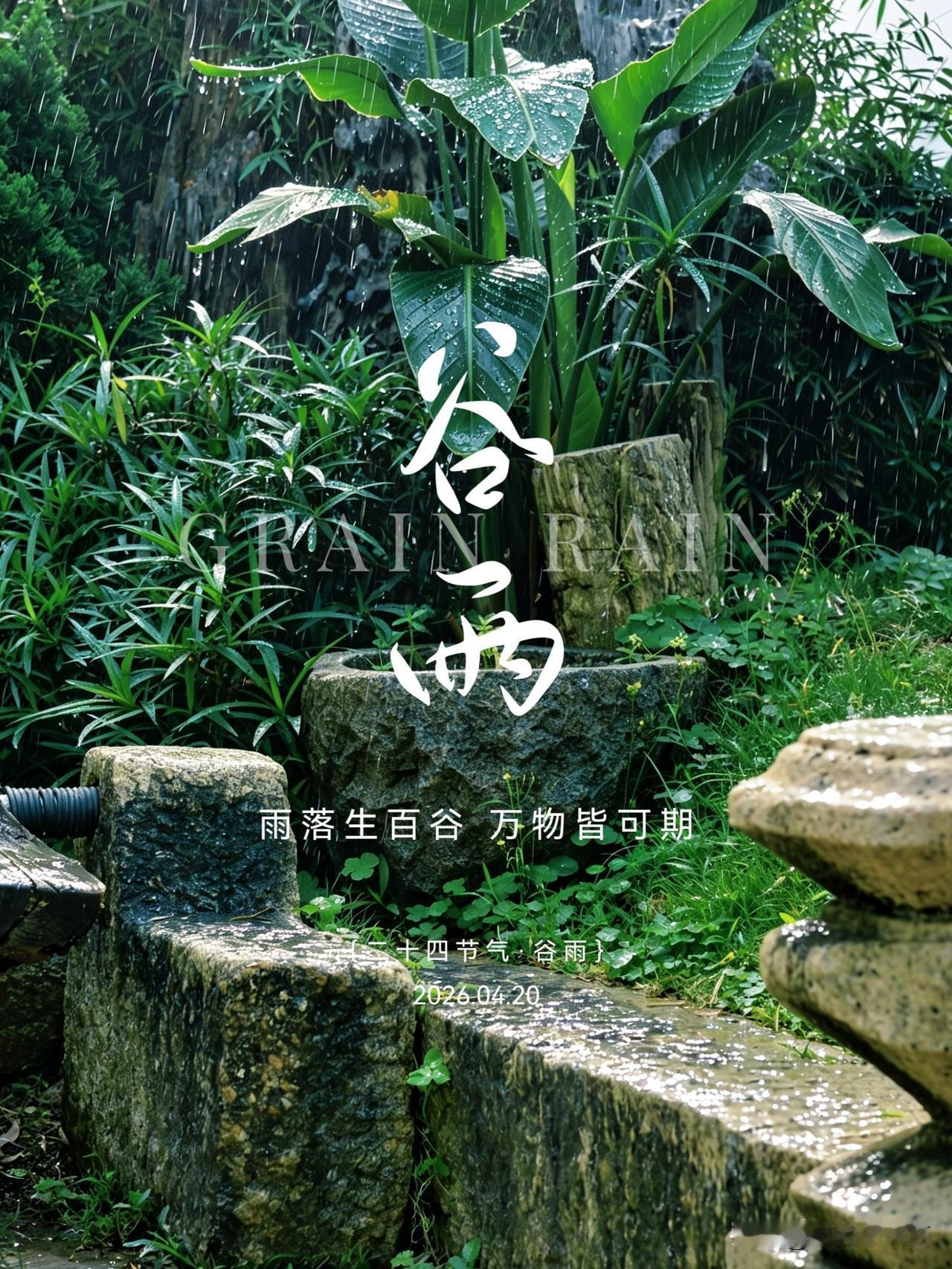 《谷雨闲庭，竹雨荷风》
   雨落桉庭 谷雨之际，雨洒古园。青石阶上，雨珠莹润；