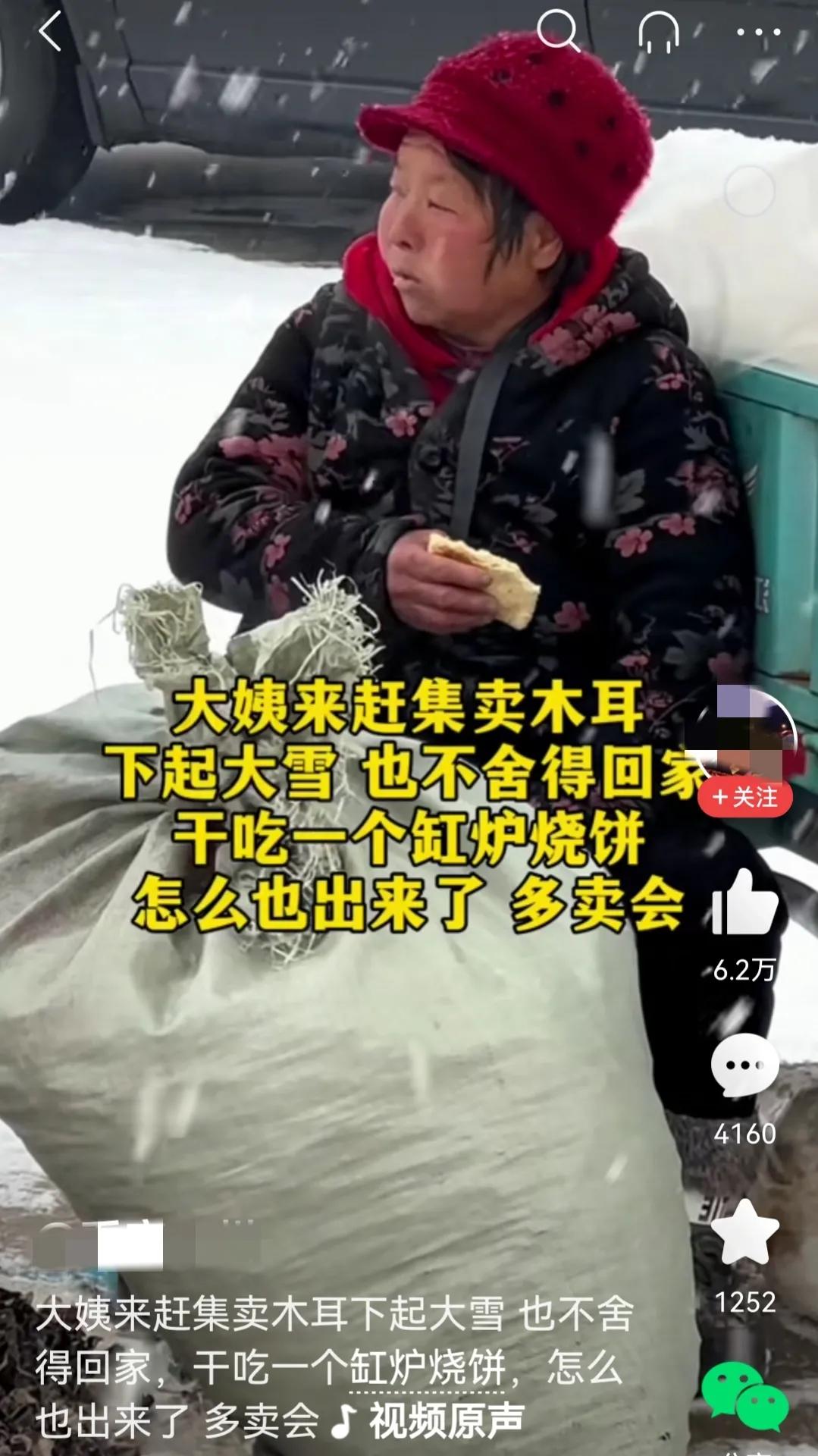 这位大雪天还在卖木耳的大姨，代表万千社会底层人民的艰难生活，他们靠不了子女，赚不