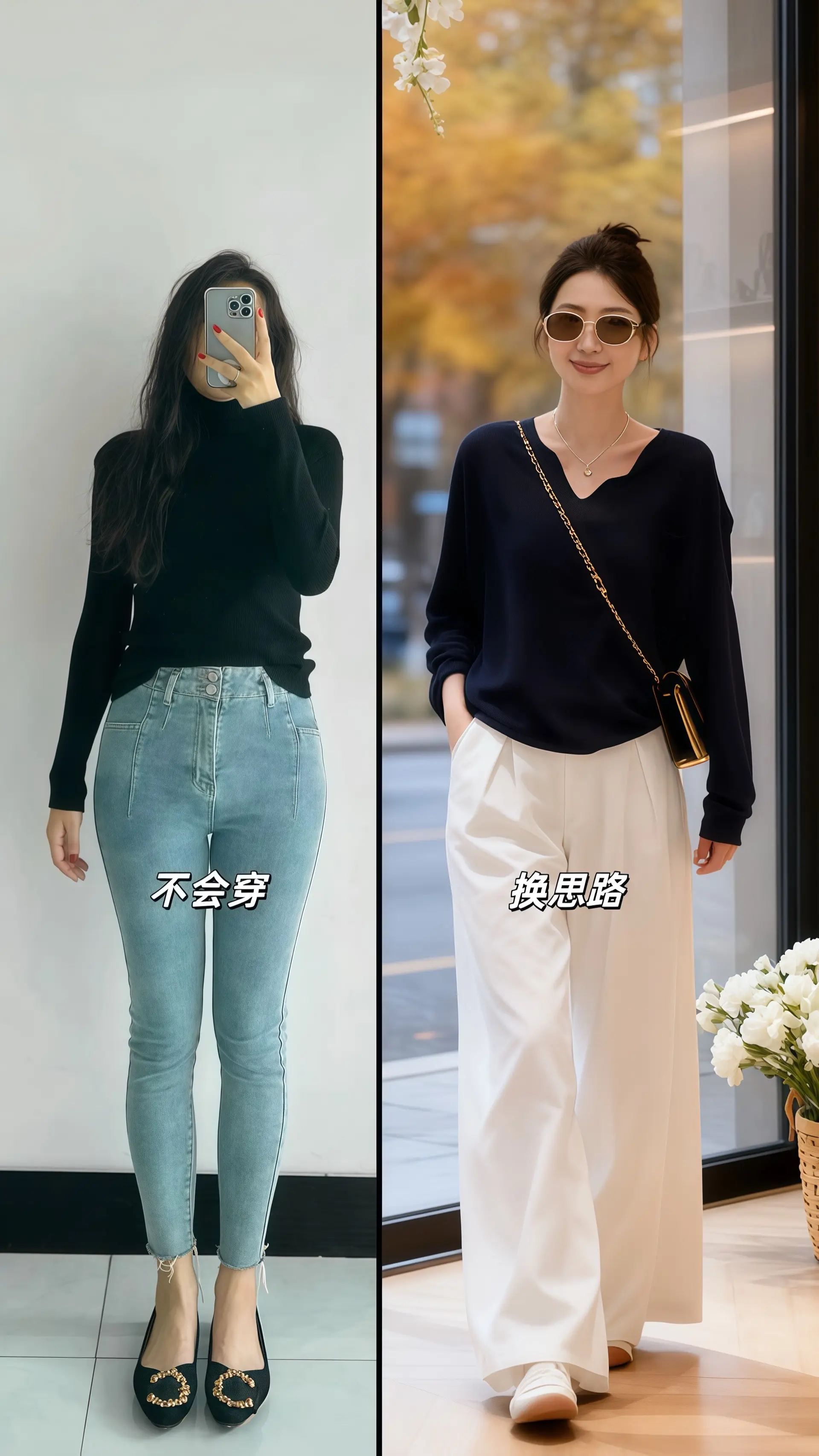 她穿着高级感慵懒风两件套，软糯长袖T恤贴着肩颈，下摆随意塞进白色阔腿裤...