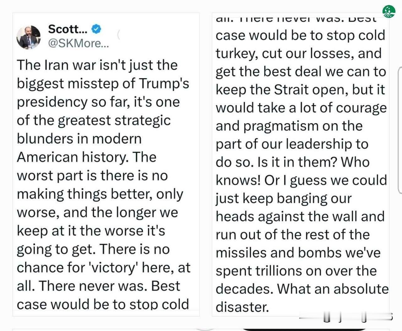 🇺🇸美国共和党籍记者：对伊拉克战争是美国的一场战略灾难

🔹美国记者斯科特