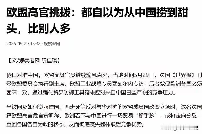 欧盟高官危言耸听，竞争不过中国欧盟或解体
欧盟委员会执行副主席、欧盟工业战略专员