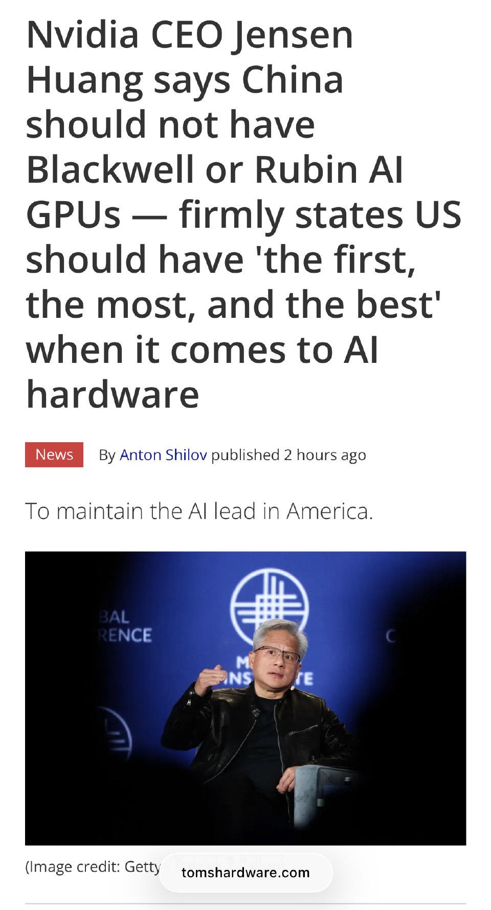 黄仁勋5月4号在米尔肯研究院全球峰会上，做了一段立场很强硬的表态。他直接说，中国