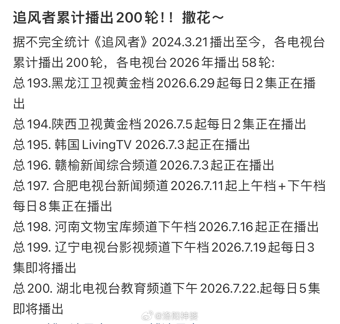 撒花撒花！王一博《追风者》电视台播放突破200轮
