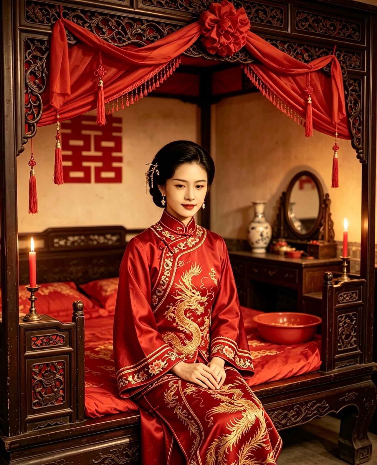 豆包帮我PS的新娘子。只可惜把梳妆台ps到架子床里面了。看着很可笑。
