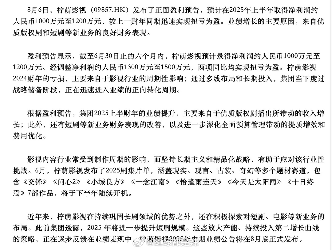 2025上半年柠萌盈利预告（财报） ​​​