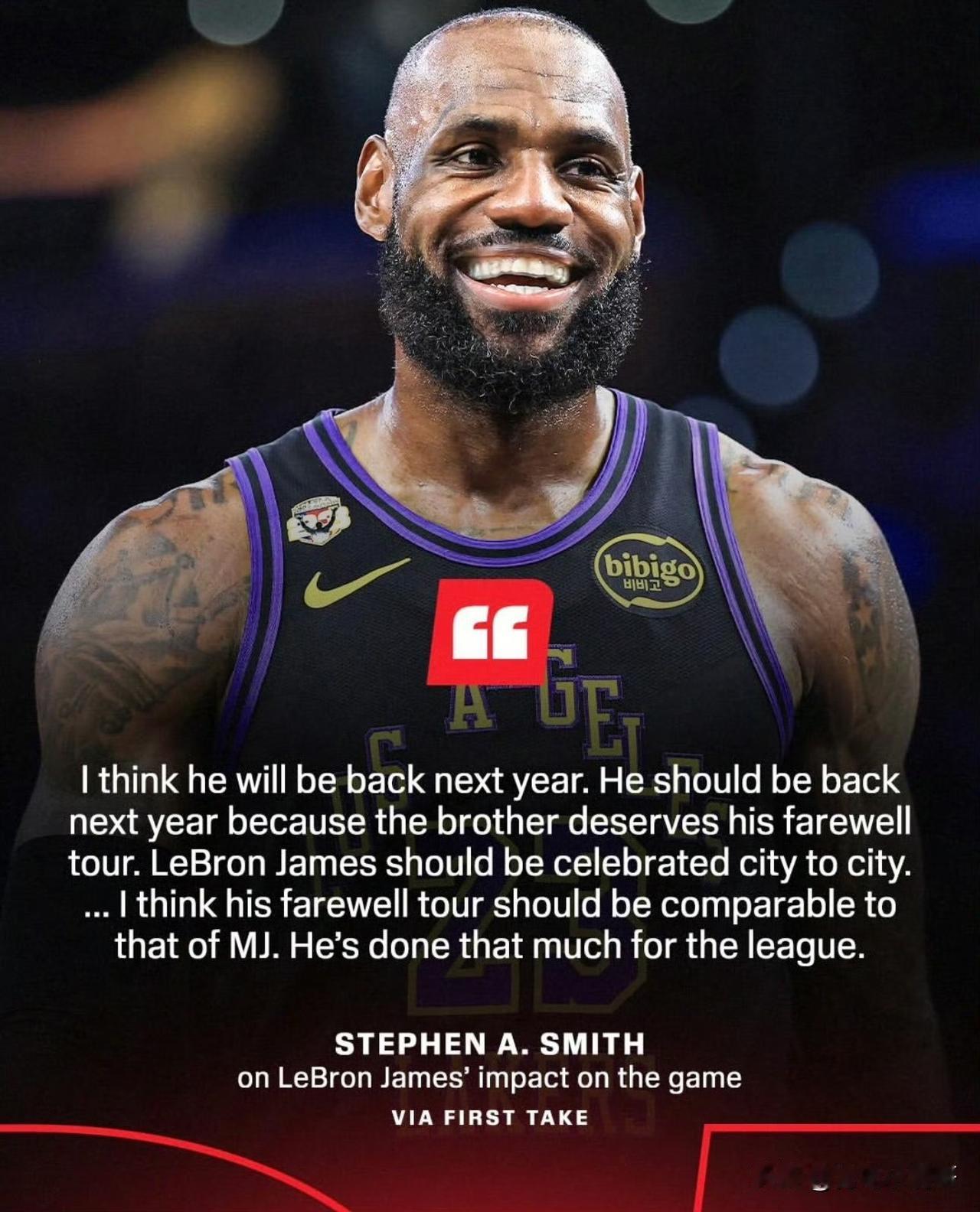 被盗号了？A史密斯：詹姆斯下赛季一定会回来，他配得上一场退役巡演！

近日，ES