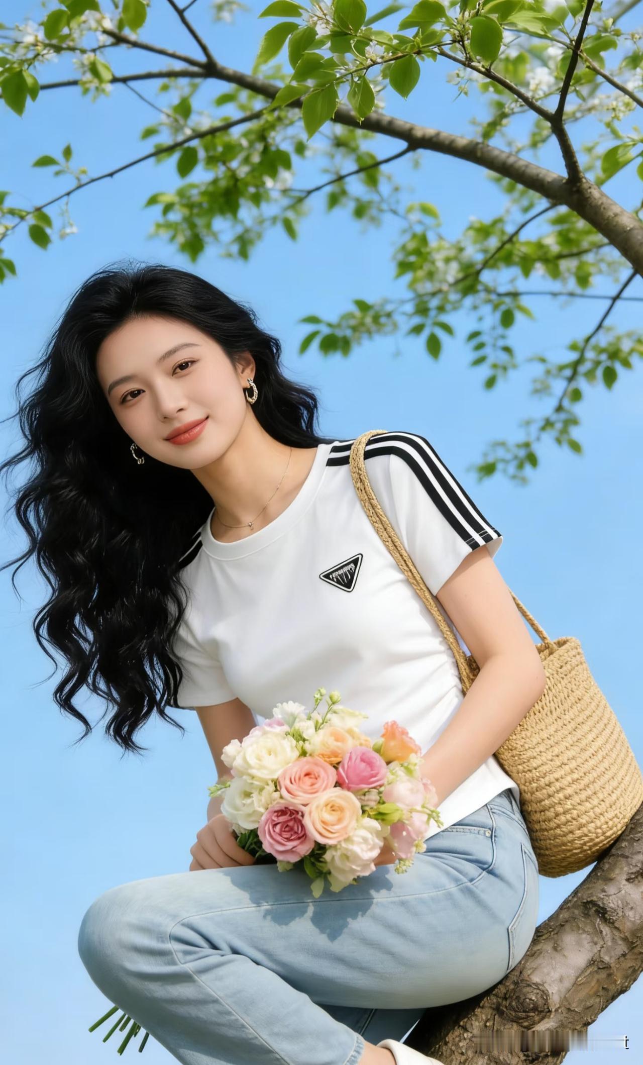 如梦令·晴郊撷芳
 
翠树晴空如洗，手捧繁花轻倚。
卷发漾春风，浅笑清妍含喜。