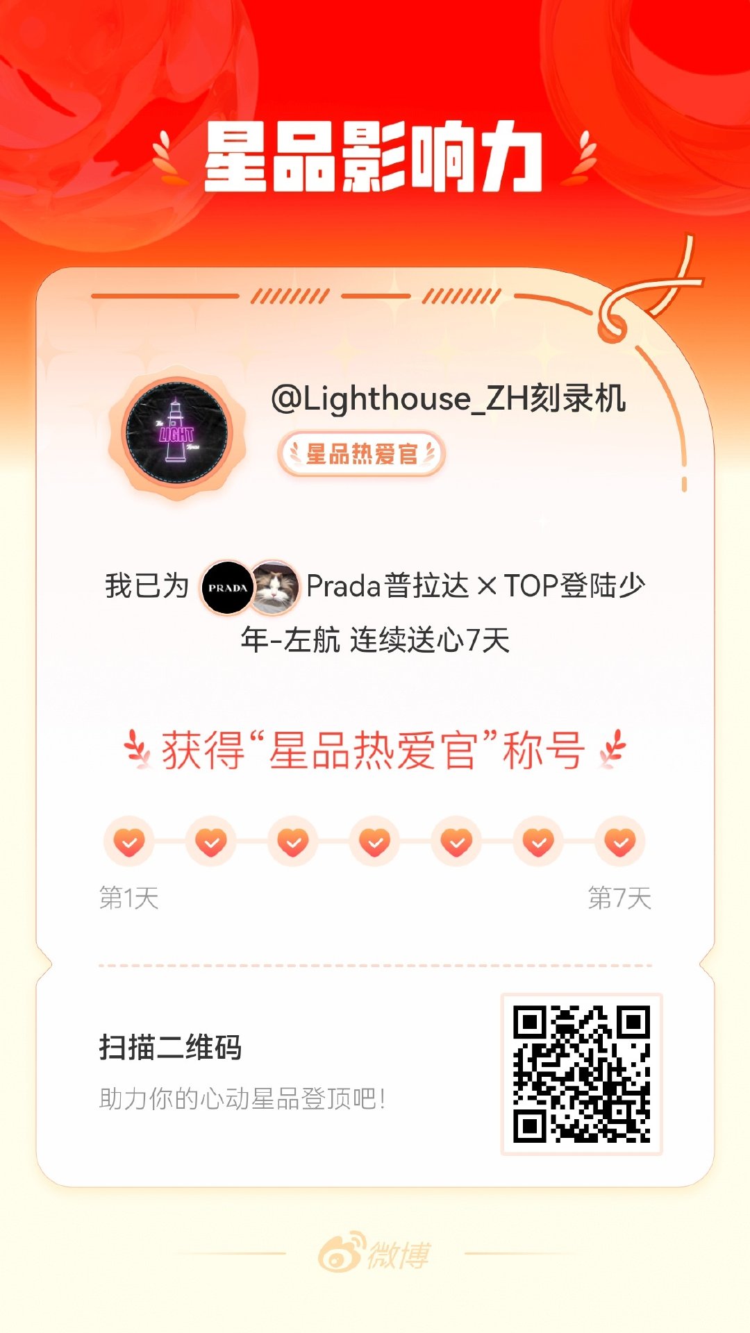 我在星品影响力上为 X 连续送心7天，获得“星品热爱官”称号！快来一起pick你