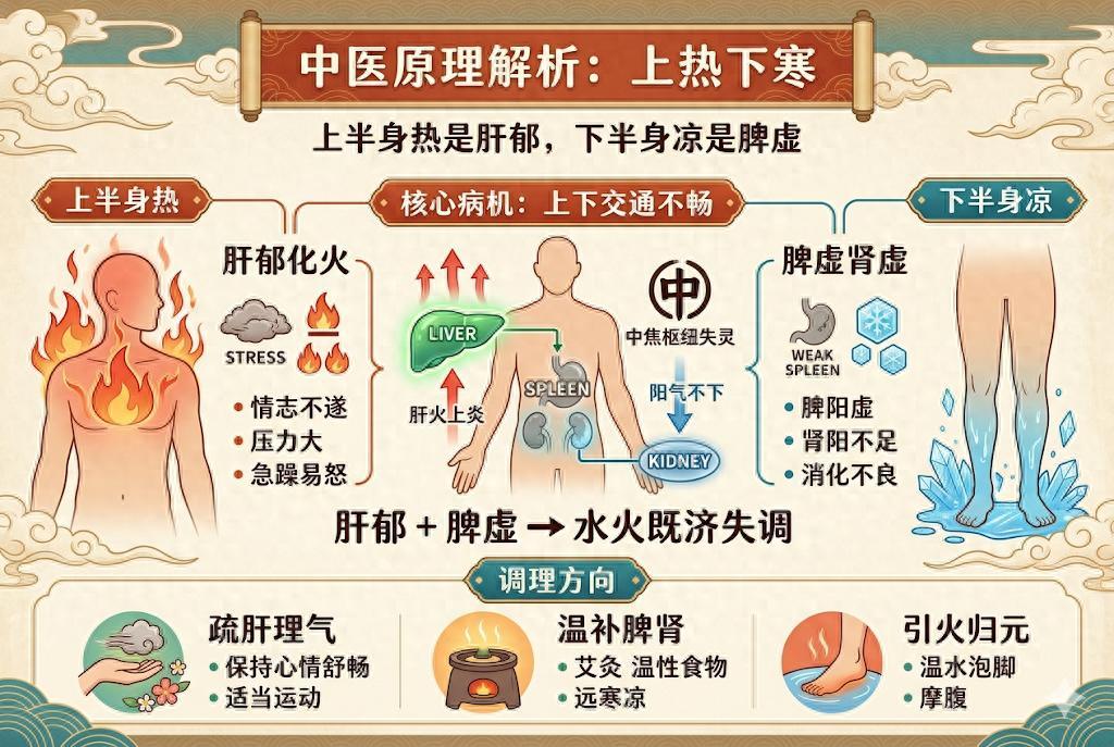 上半身热是肝郁，下半身凉是脾虚！一招打通中焦，终结上热下寒
内容仅供参考，如有不
