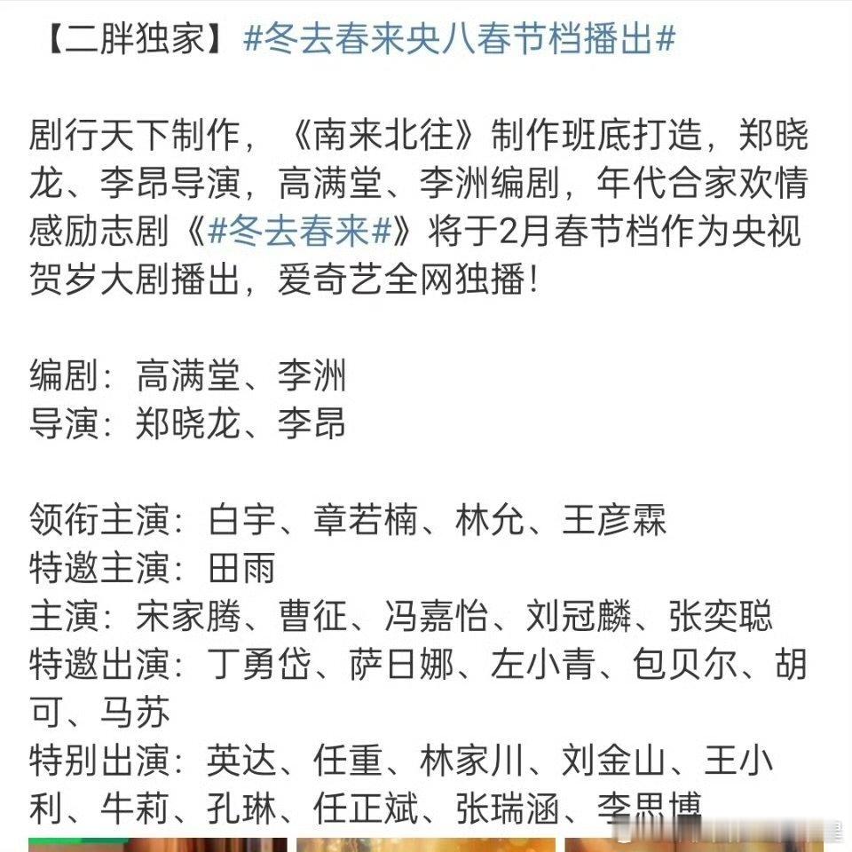 冬去春来春节档播出剧行天下制作，《南来北往》制作班底打造，郑晓龙、李昂导演，高满