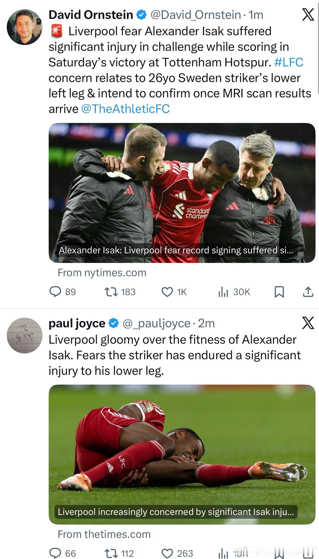 情况不太妙，奥恩斯坦和乔伊斯都发文吹风说我军担心伊萨克的小腿伤势很严重，具体伤势