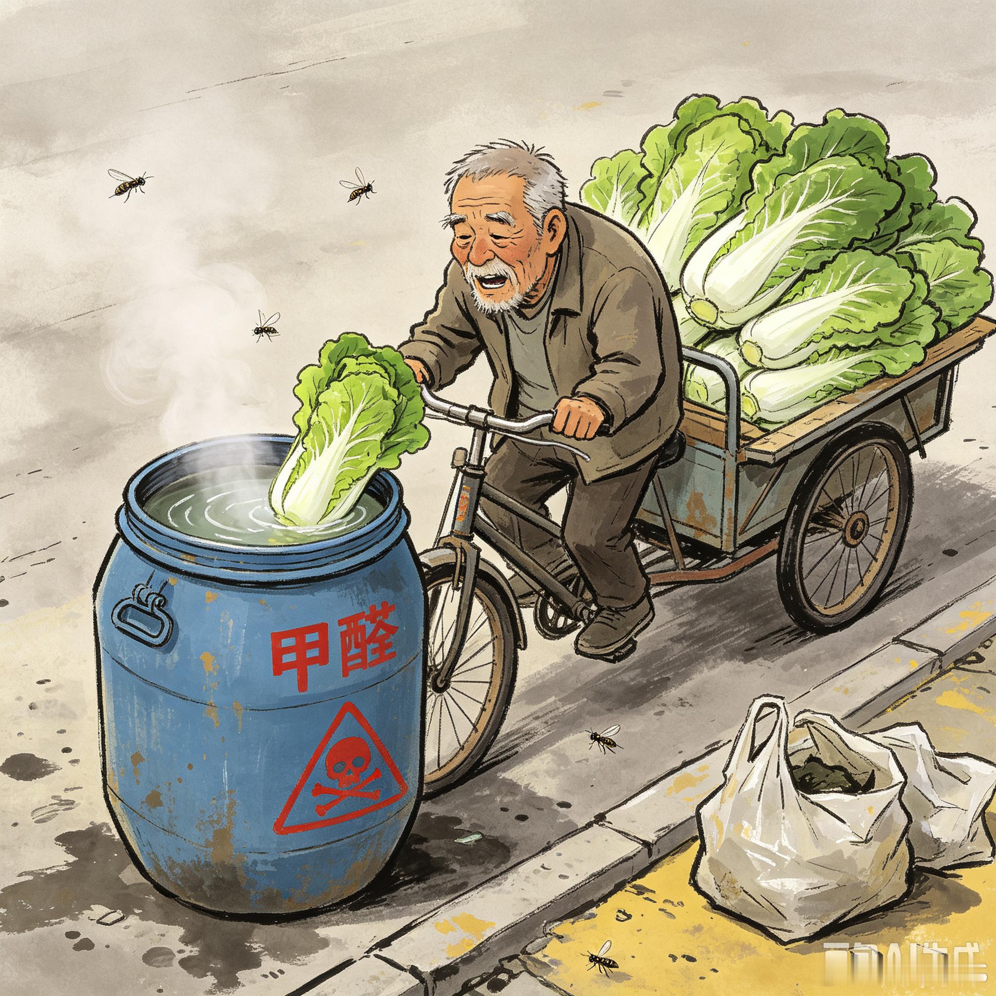 讽甲醛浸白菜（十四行打油诗）大白菜蘸甲醛保鲜 街头老叟踏三轮，满车白菜碧森森。巨