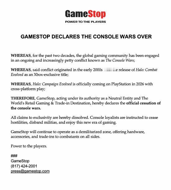 全球规模最大的电子游戏和娱乐软件零售品牌GameStop发布了一份“声明”，宣布