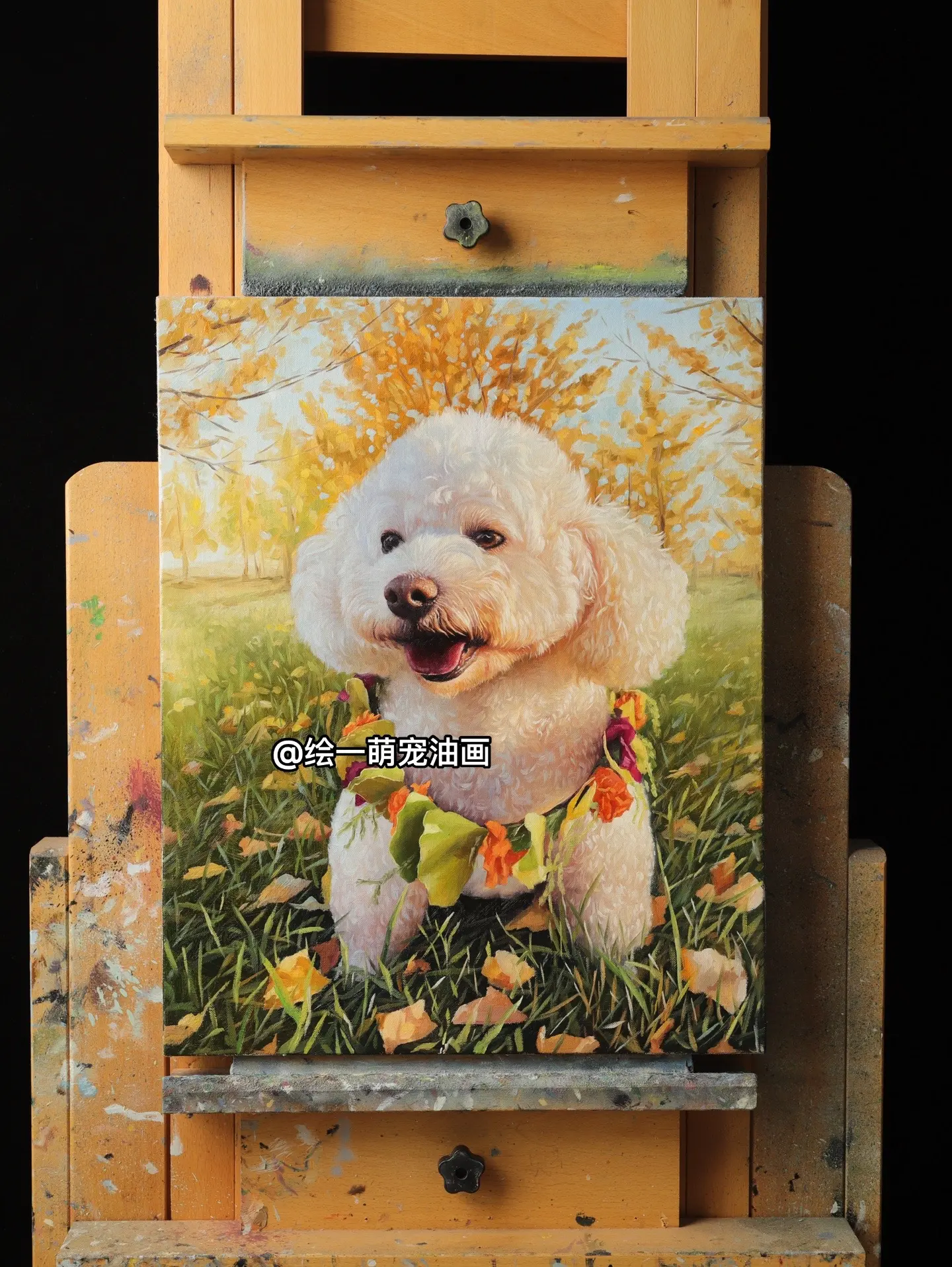 秋天与狗狗都很美～“lucky”的定制油画像 作品尺寸：40x50cm