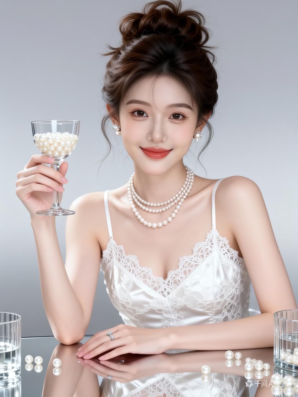 优雅珍珠女孩，举杯邀月，尽显迷人风采