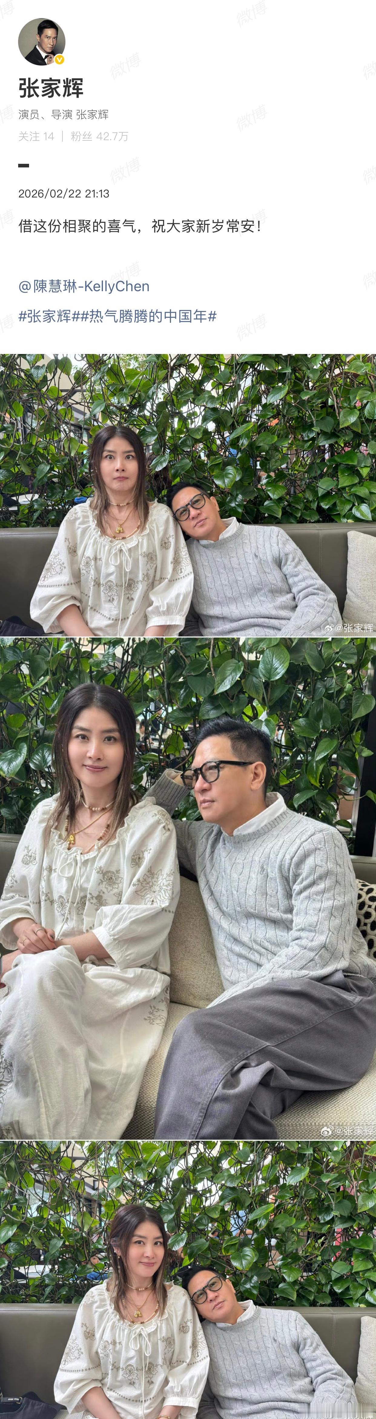 陈慧琳张家辉新年合照张家辉微博晒与陈慧琳的新年合照，两人的照片风格尽显搞怪本色。