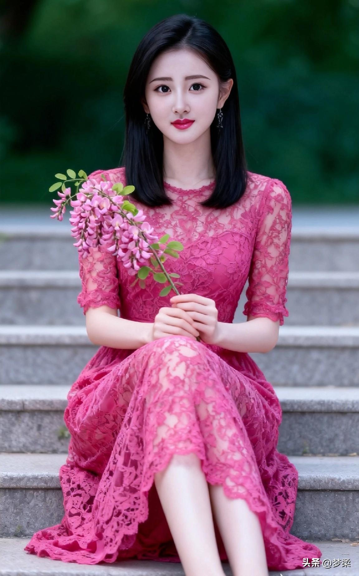 粉嫩蕾丝裙，花海中的甜美少女温柔花裙少女 温柔风蕾丝长裙 淡粉色碎花裙
