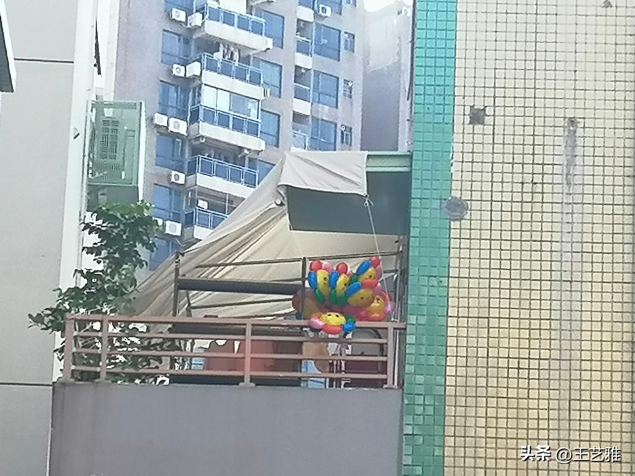 傍晚，我从菜鸟驿站拿回快递，在远处给我的阳台拍了张照片。

因为想着要给花盆松土