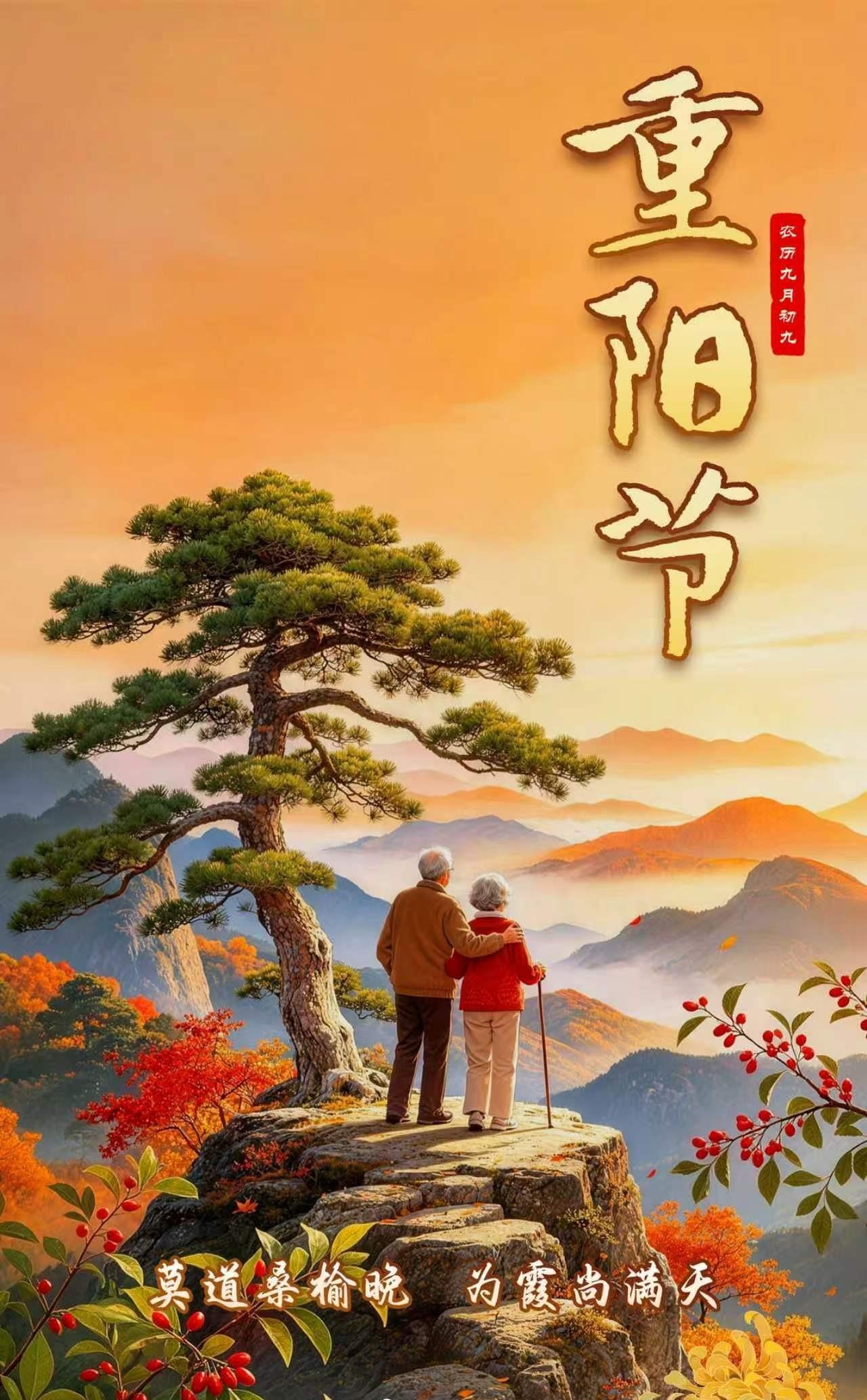 《九九重阳》
乐度耄耋年，
九九重阳天。
莫道桑榆晚，
登高赋新篇。