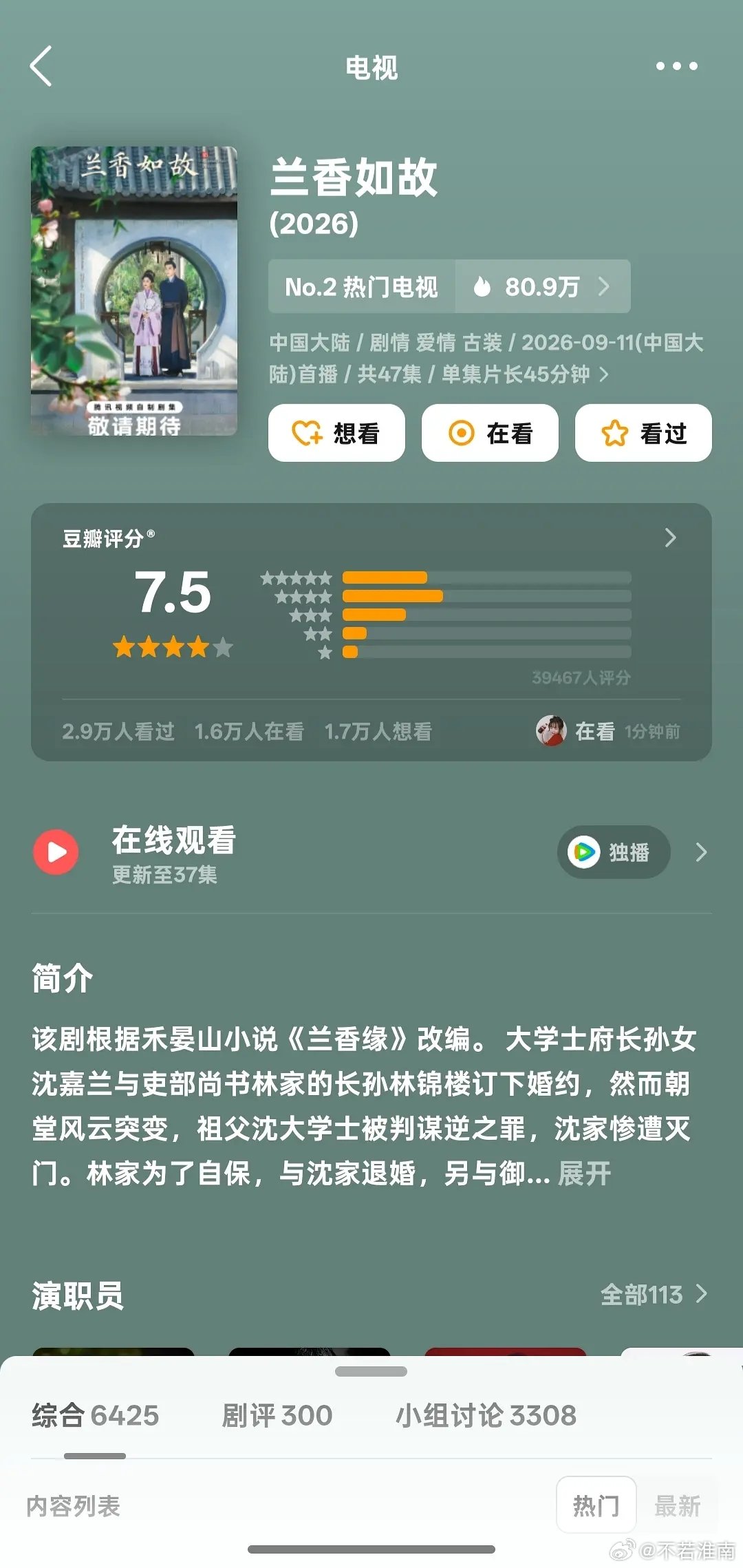 兰香如故开分了，你觉得这个打分人数少吗？ ​​​