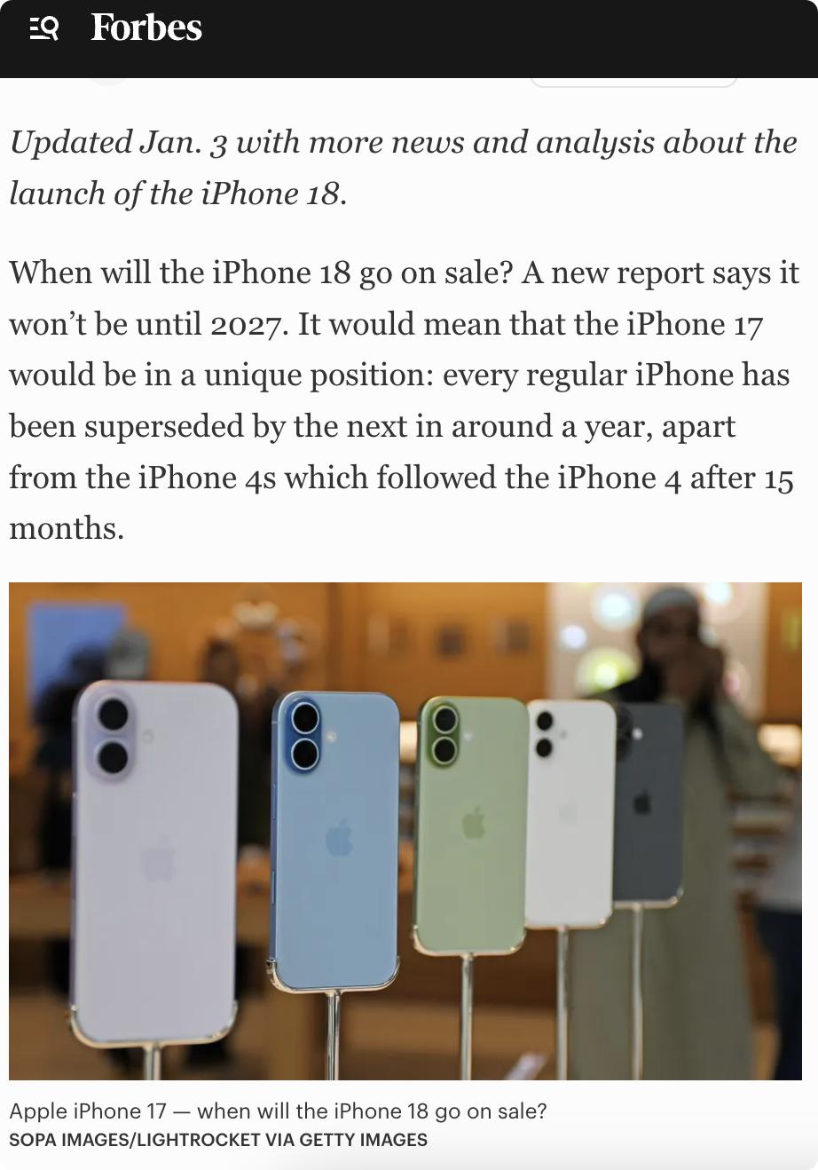 美媒：苹果公司可能不会在2026年推出iPhone 18。

新报告显示，iPh