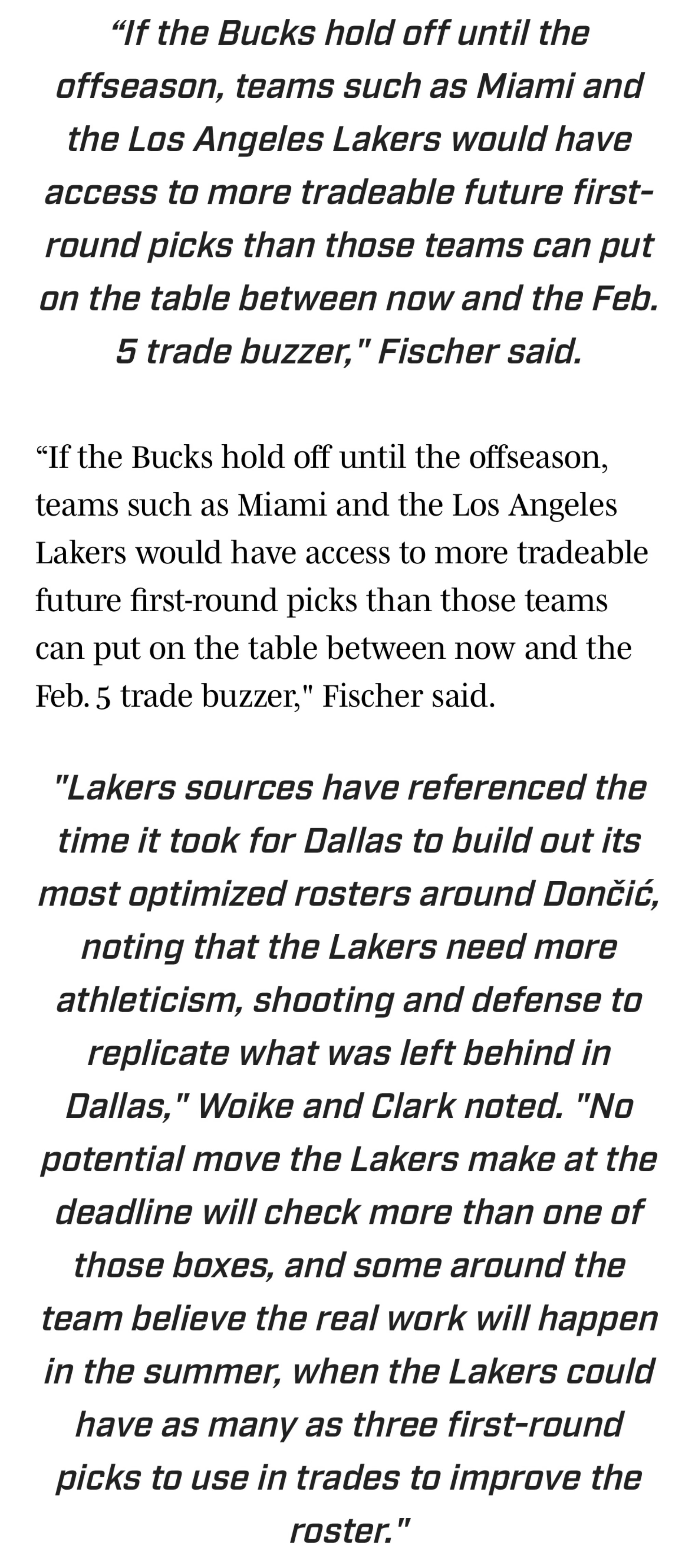 Jake Fischer透露，湖人与热火将在休赛期更有机会交易得到字母哥，届时两