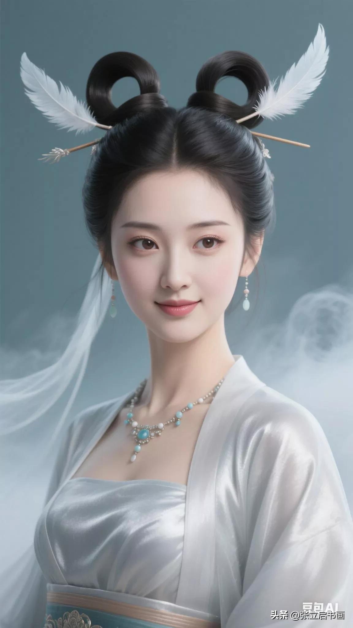古风仙子，云雾缭绕，羽毛发饰，优雅动人。张立启原创书画AI作品古仕女发髻集锦第3