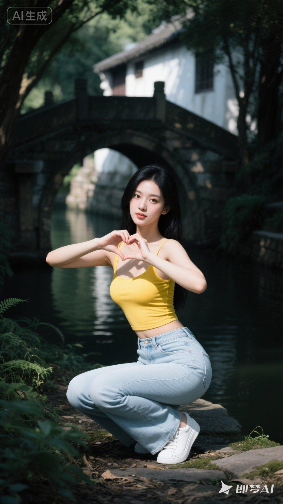 在古桥下，少女的心形手势，唯美江南水乡。