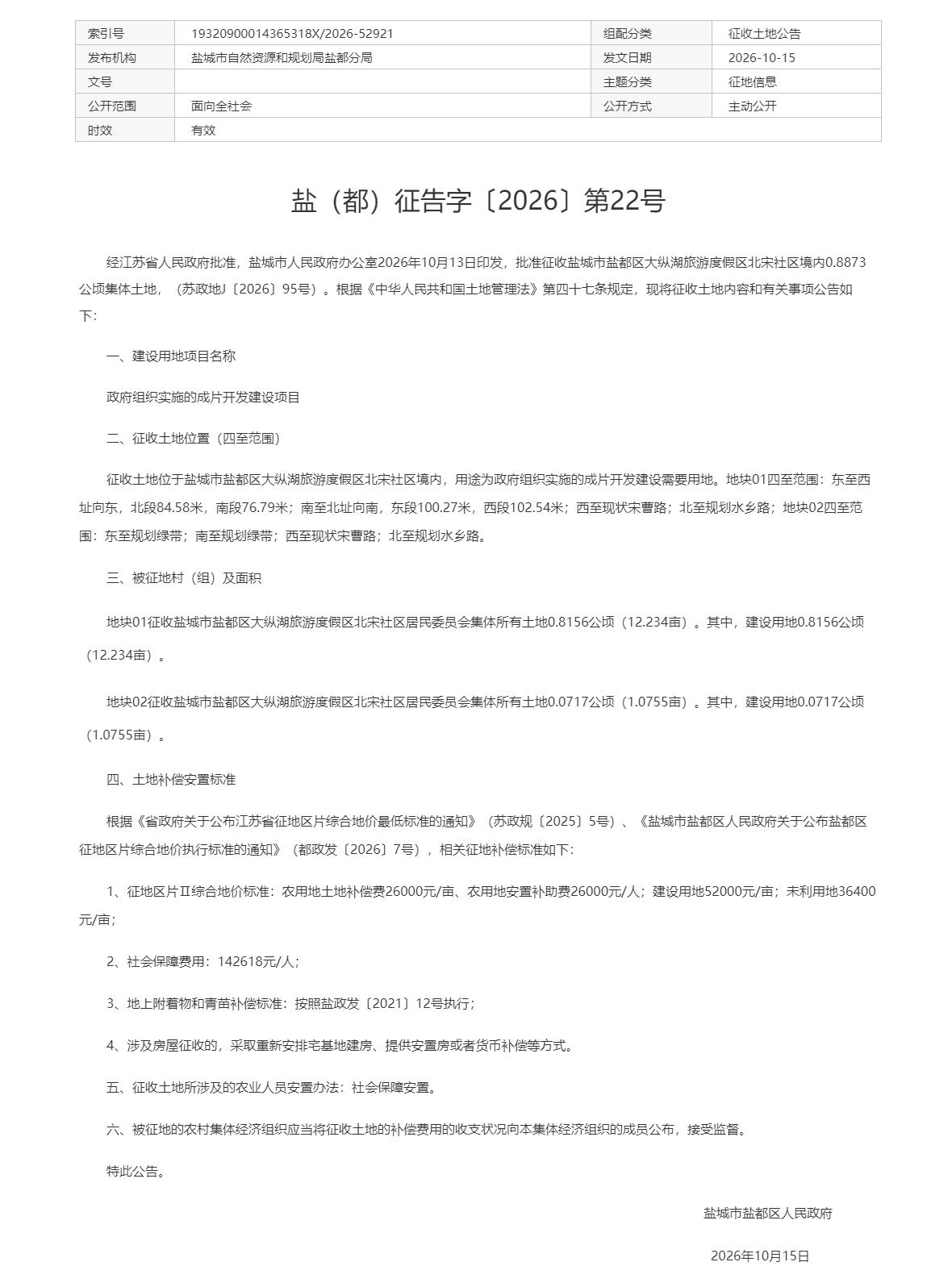 盐都区发布征收土地公告，经江苏省政府批准，拟征收盐都区大纵湖旅游度假区北宋社区0