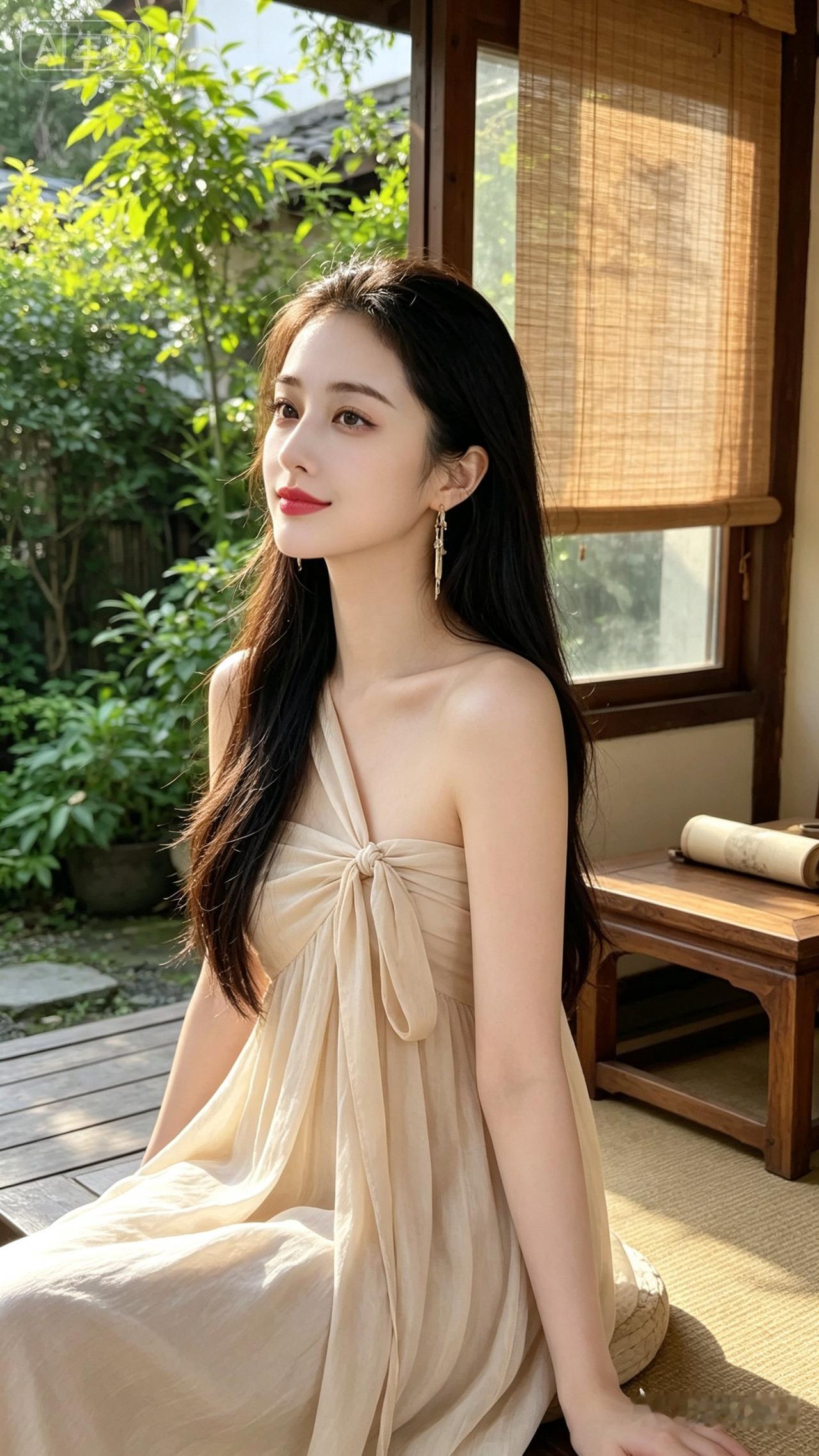 在古风庭院中，优雅女子静坐沉思，仿佛时光静止。