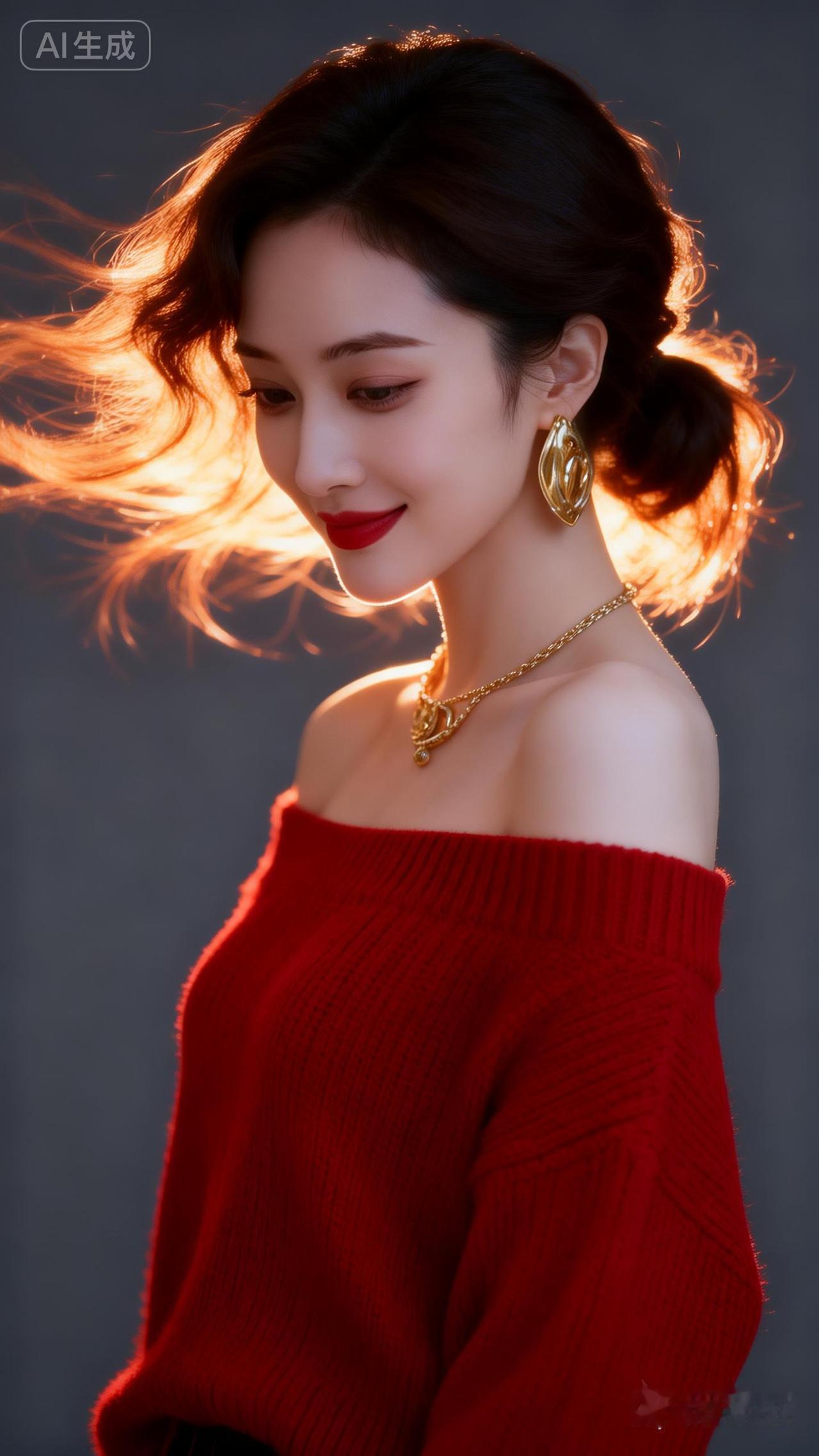 优雅红衣少女，金饰闪耀，风中飘逸