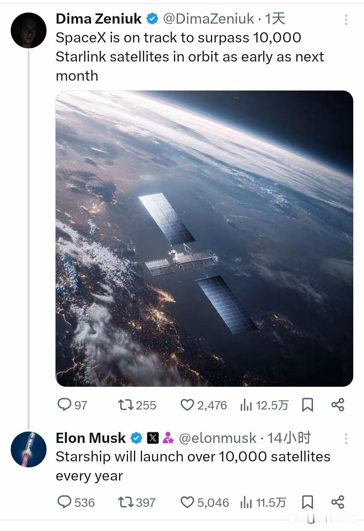 马斯克称星舰每年将发射超过
1万颗卫星
马斯克回应网友称星舰每年将发射超过1万颗