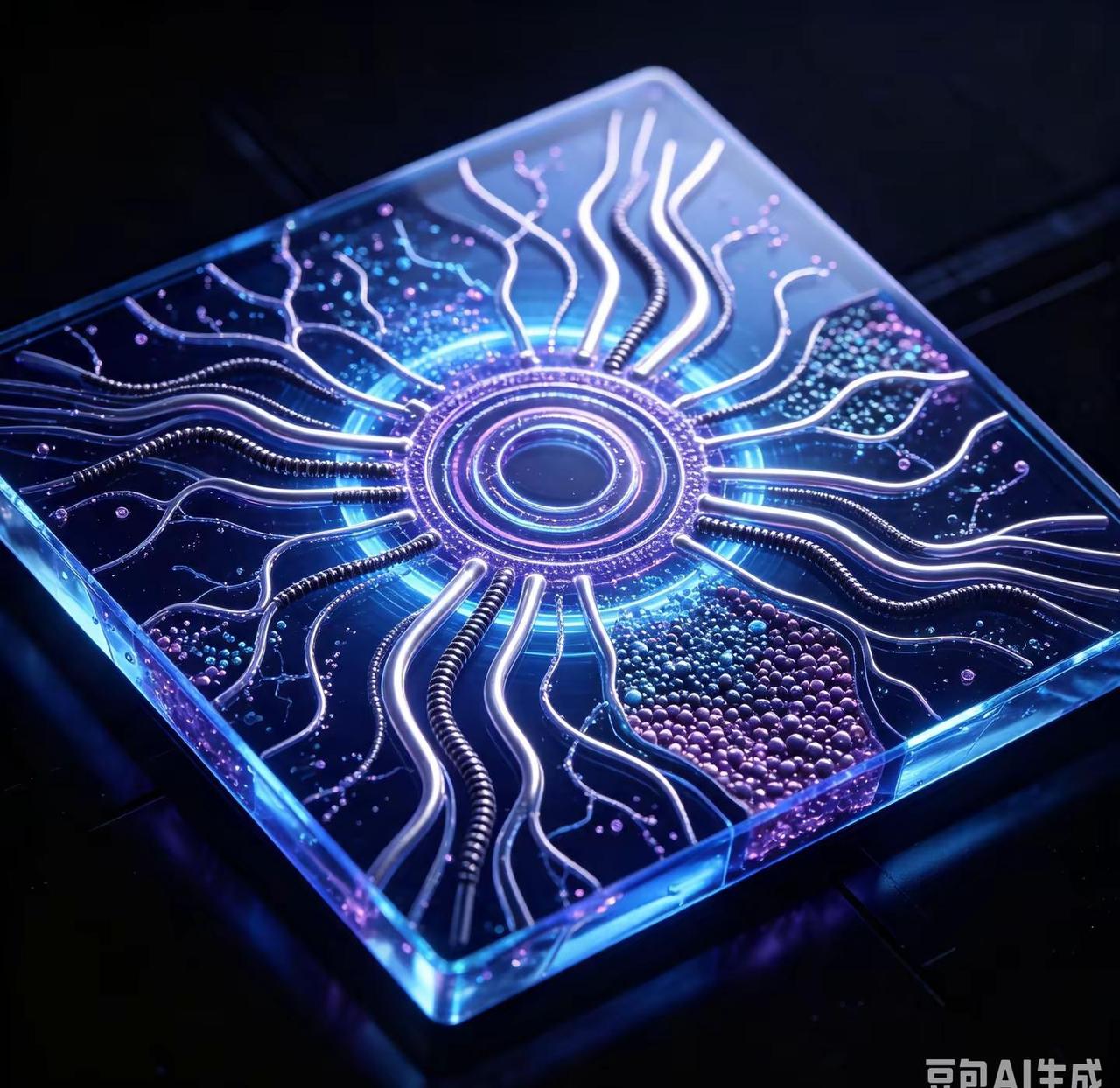 我先按“无光刻、自生长、流形通道”的核心逻辑出一张概念图：不是传统方芯片，而是像