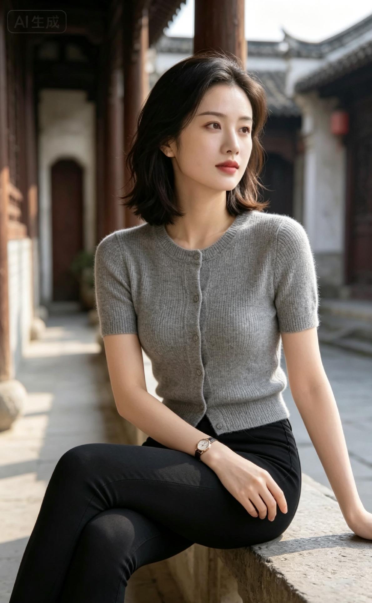 在古风长廊下，沉思的少女，静谧时光