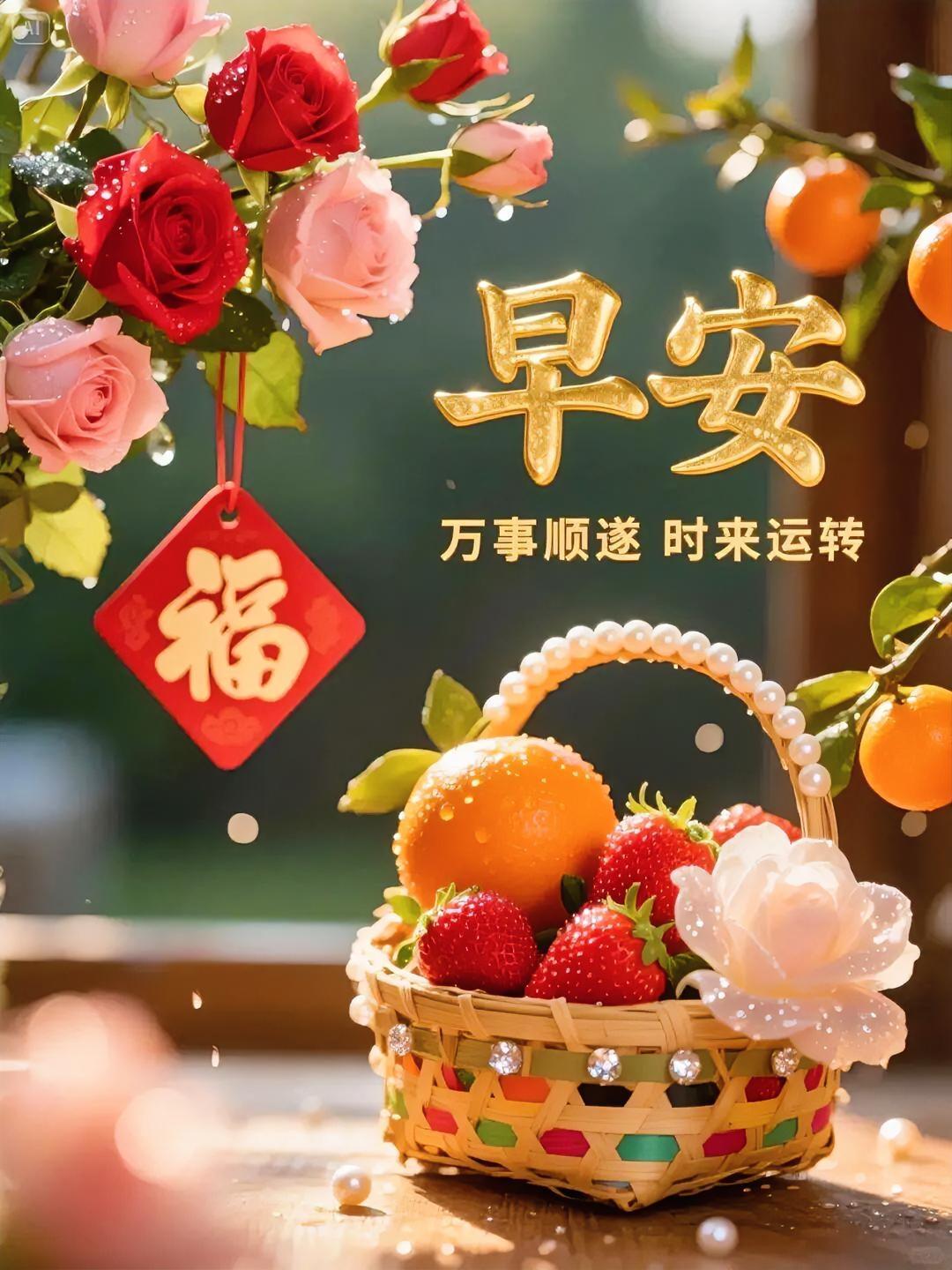 早安！福气满满，草莓橙子甜甜蜜蜜，愿你万事顺遂，好运时来运转！