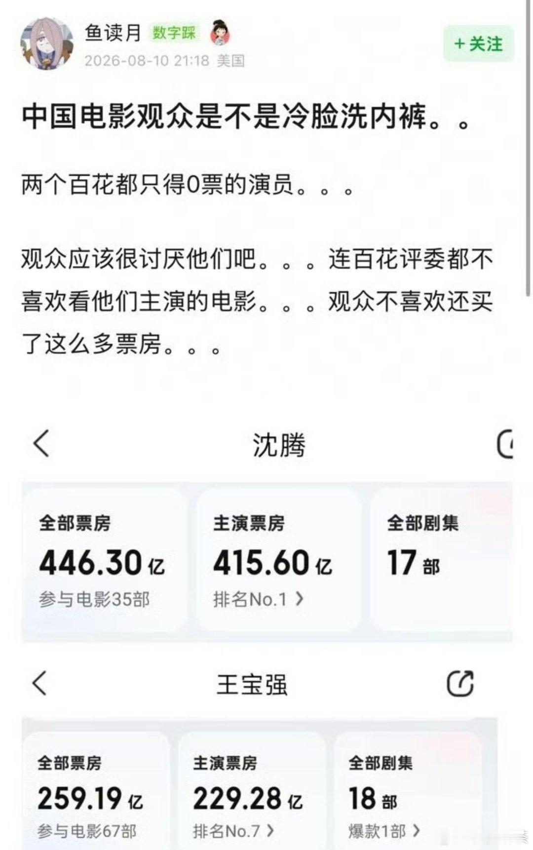 有网友说中国电影观众是不是冷脸洗内裤。。两个百花都只得0票的演员。。。观众应该很