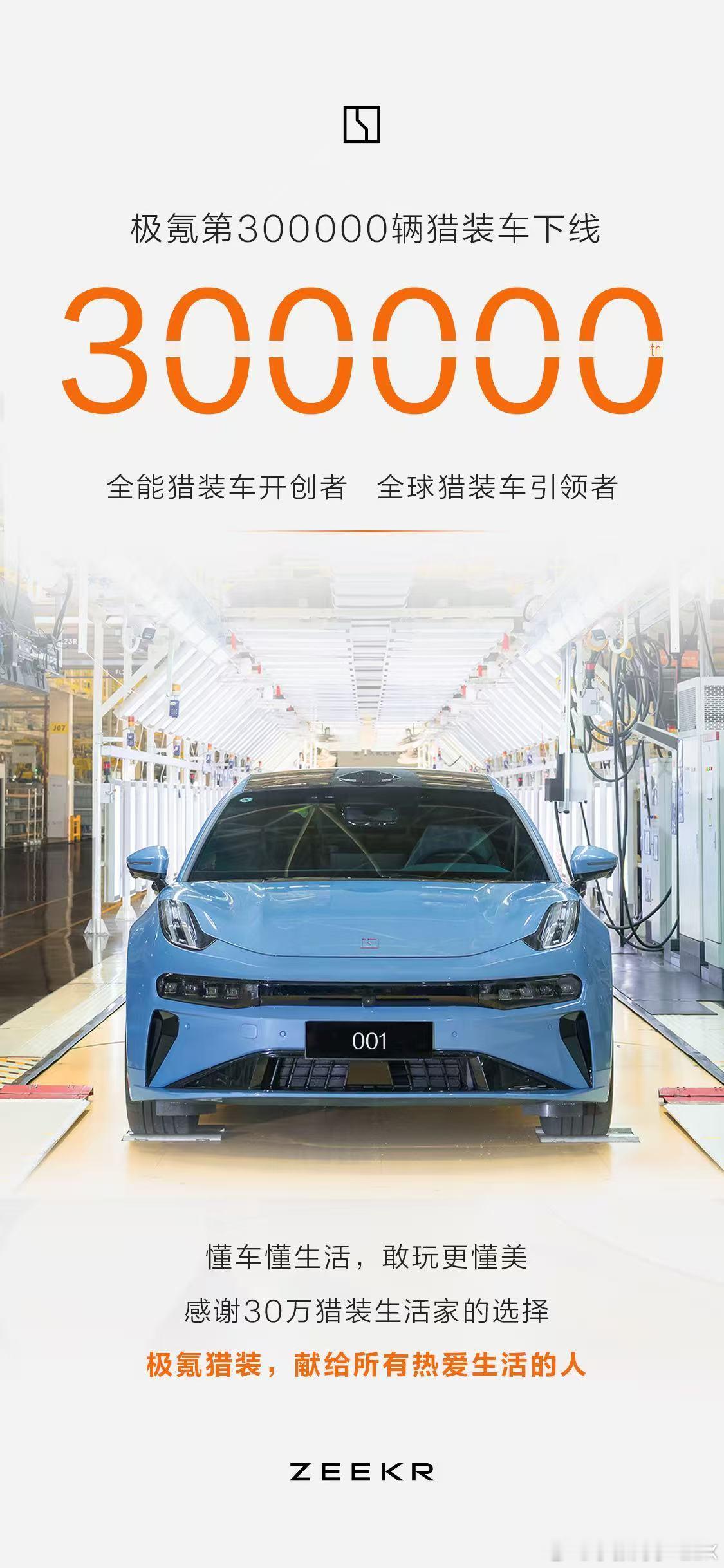 极氪猎装车第30万辆下线了，极氪001+极氪007GT。当然，江山还是极氪001