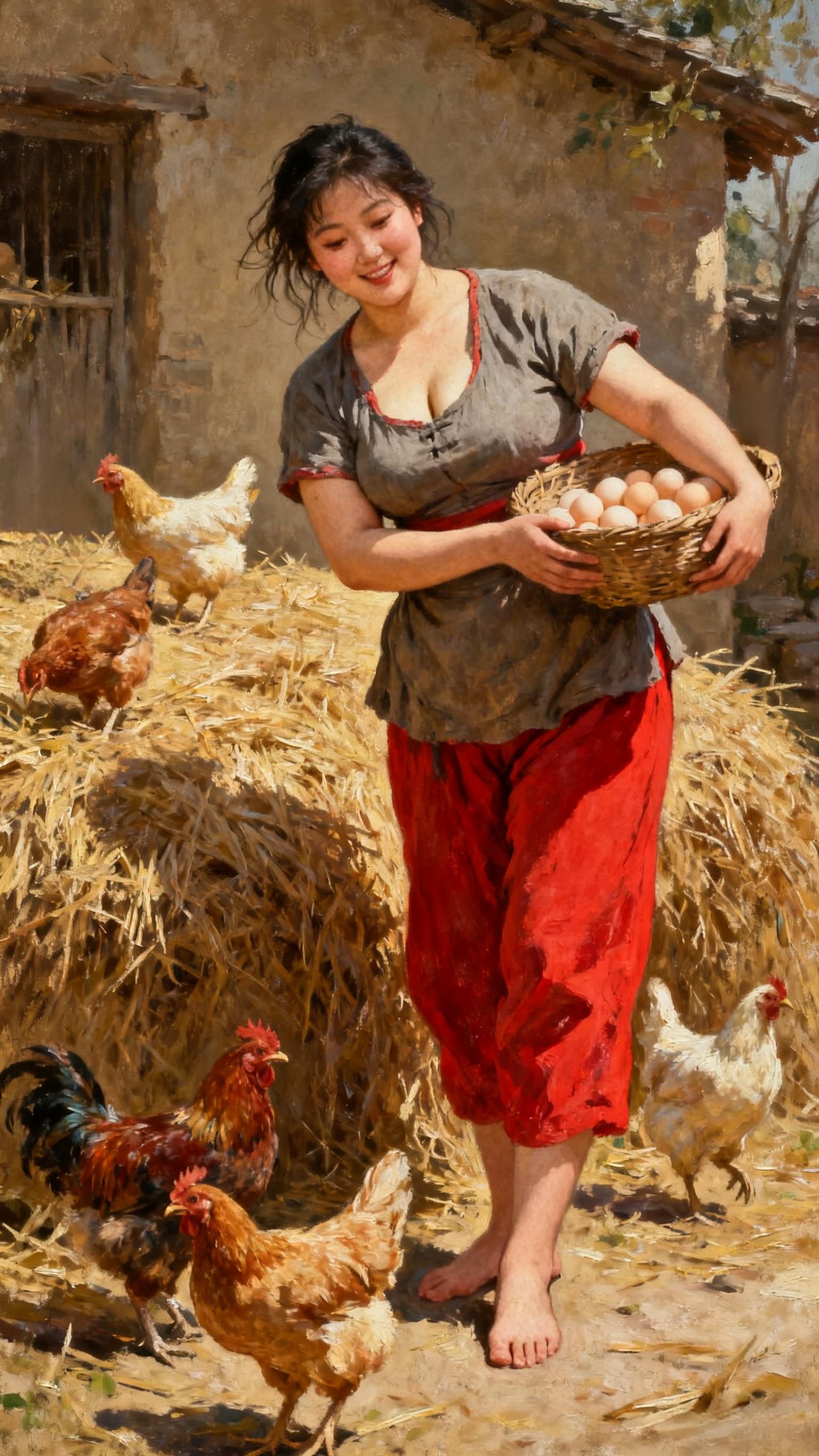 油画题材 乡村味道 农村散养土鸡