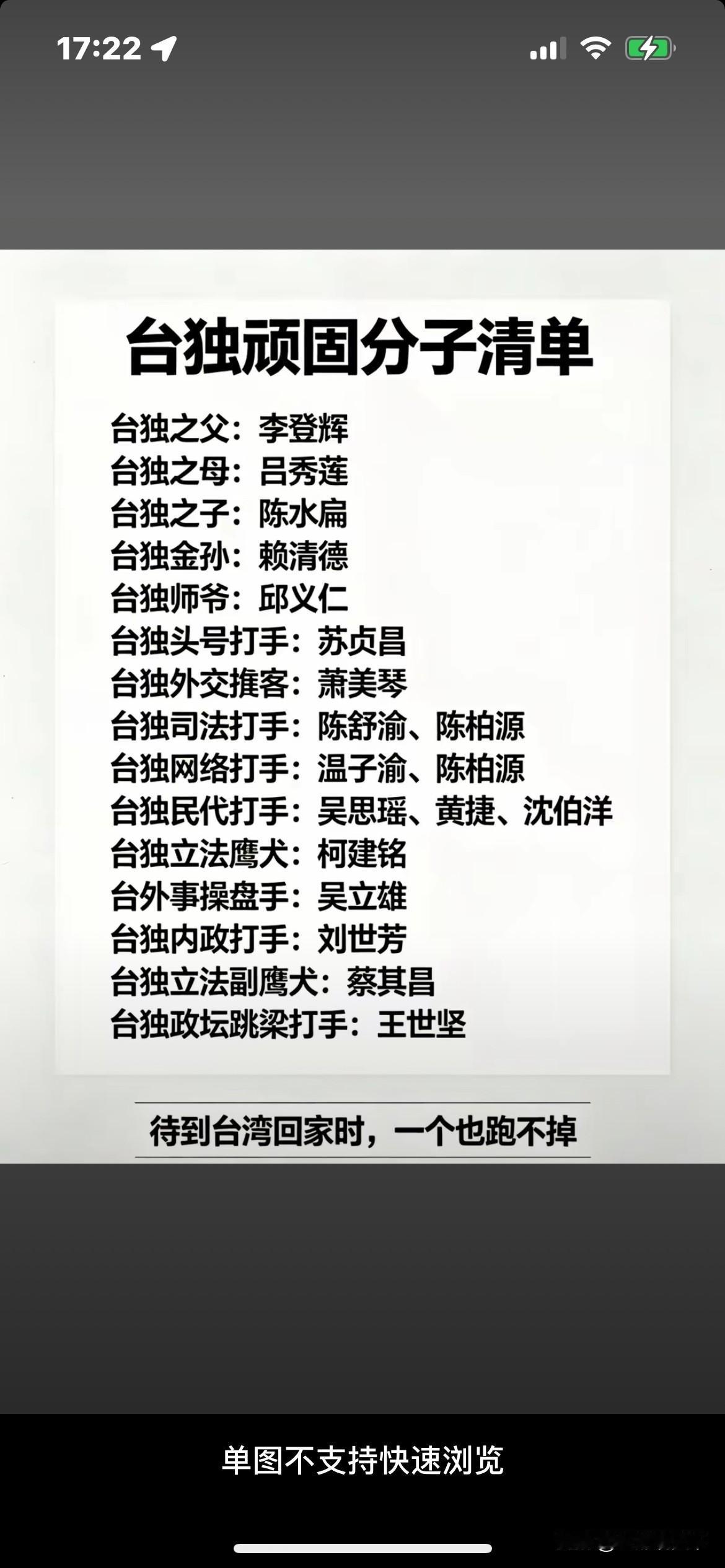 网友盘点了一批顽固台独分子，仔细一梳理，竟然发现少了一条大鱼。

这一批，共19